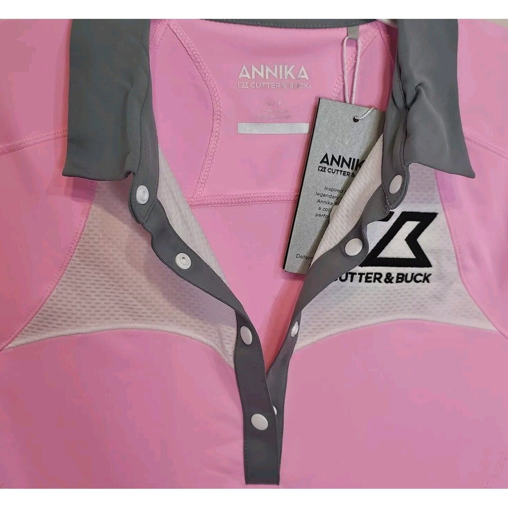 Annika Cutter & Buck Womens S/P Pink Gray White Golf Polo Shirt 4 Button - Picture 2 of 12
